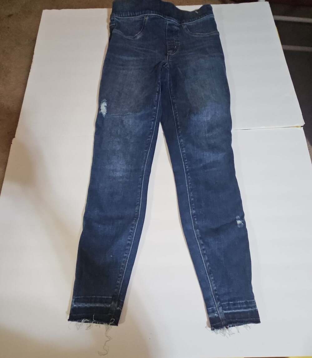 Spanx Ankle Skinny Jeggings Size XS Blue Distressed Raw Hem